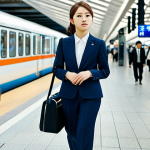 A young businesswoman in a tailored, modest business suit, walking confidently through the bustling Shinjuku train station, Tokyo. Focus on her determined expression and professional attire. Safe for work, appropriate content, fully clothed, professional, perfect anatomy, natural proportions, high quality.