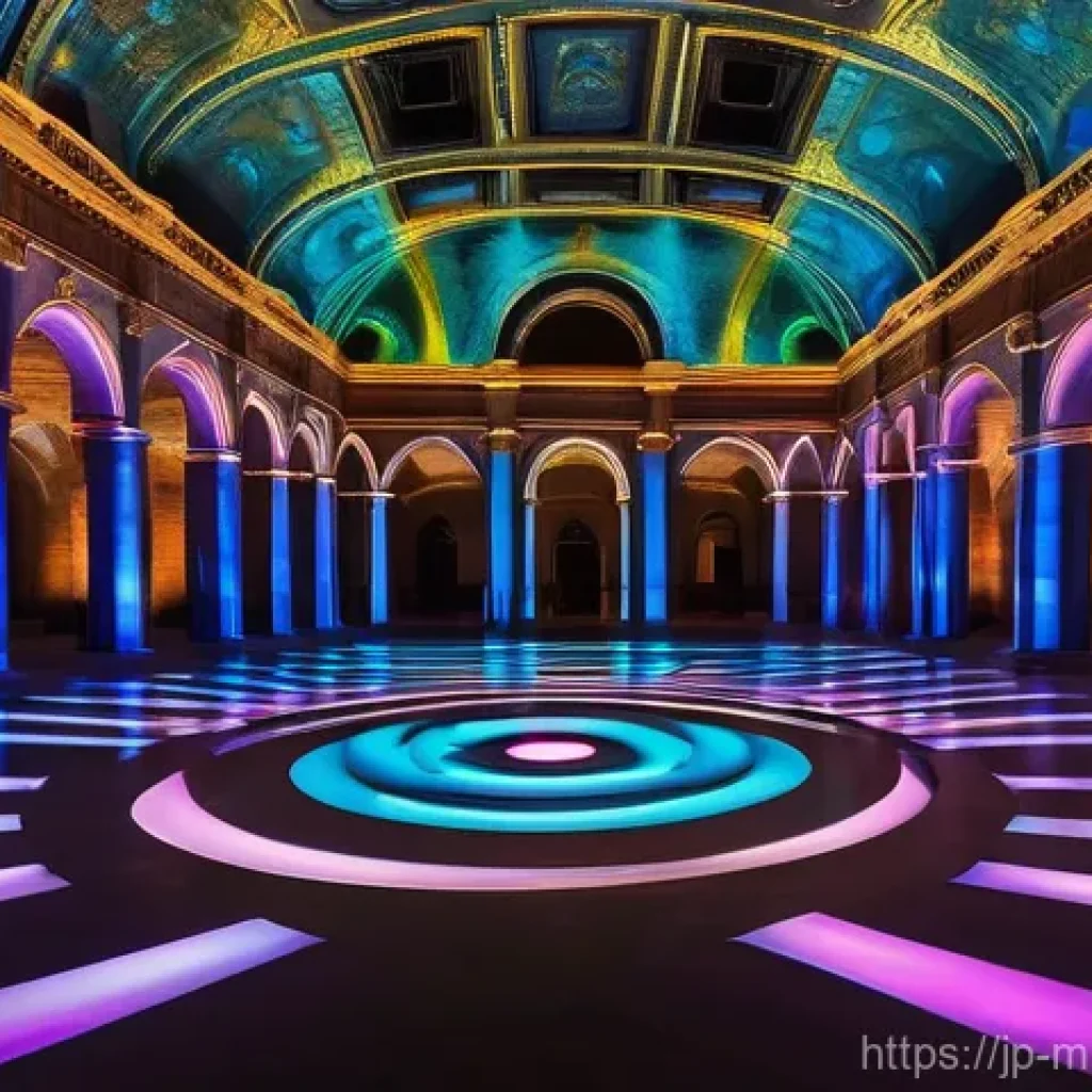 멀티미디어 콘텐츠 제작 해외 사례 - **Immersive Art Installation in a Historic Setting**
    A wide shot of a vast, ornate hall within a...