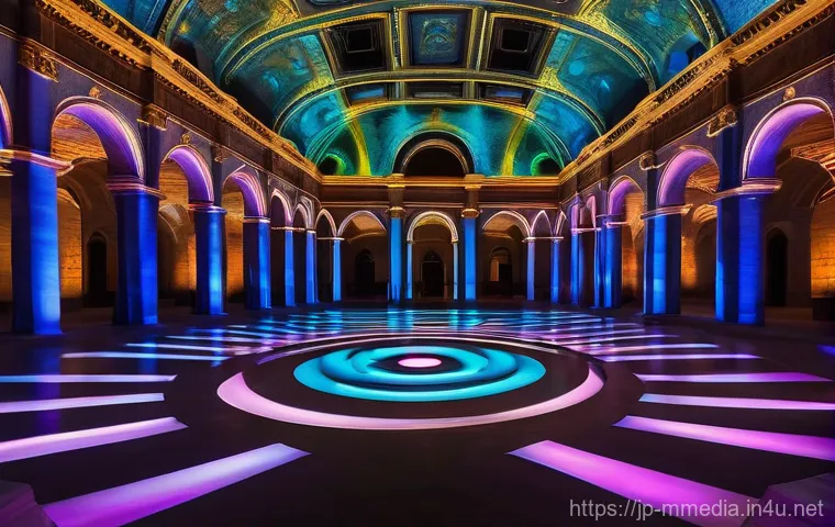 멀티미디어 콘텐츠 제작 해외 사례 - **Immersive Art Installation in a Historic Setting**
    A wide shot of a vast, ornate hall within a...