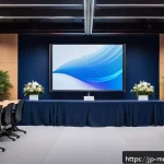 멀티미디어 콘텐츠 제작 프로젝트 발표 요령 - A modern Japanese conference room filled with attentive business professionals, featuring a large sc...