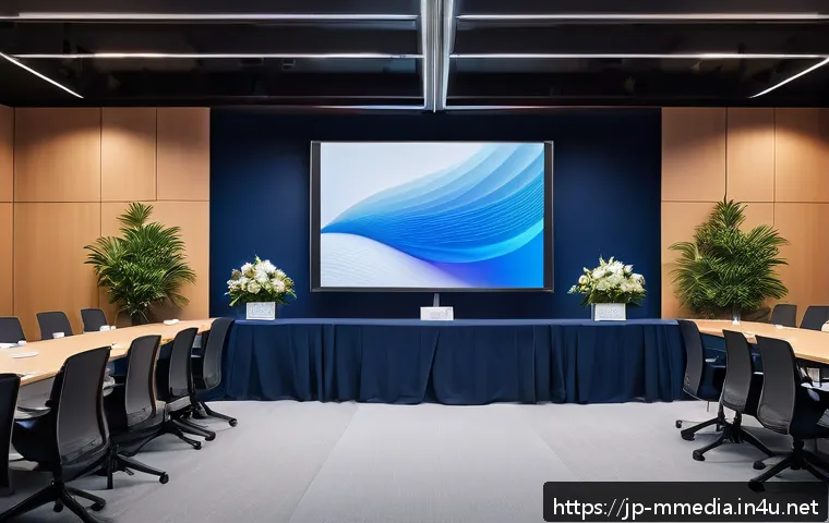 멀티미디어 콘텐츠 제작 프로젝트 발표 요령 - A modern Japanese conference room filled with attentive business professionals, featuring a large sc...